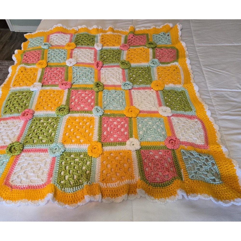 Handmade Crochet Baby Blanket, Sherbert Colors, Rosettes, 34" x 34"
